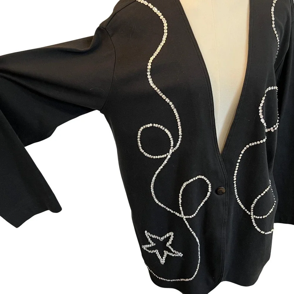 Vintage Black Rhinestone Star Cardigan Beaded Y2K Minimalist Art Jacket M - Picture 5 of 8